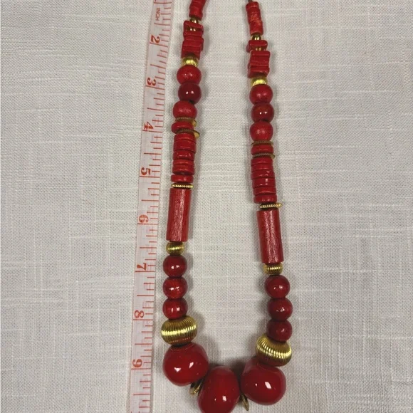 Bold Red Wood & Gold Statement Necklace – Chunky Beads, Boho Vintage Style - Picture 5 of 5